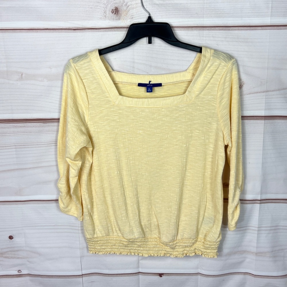 Apt 9 Top Women XL Yellow Blouse Square Neck Smocked Waist Knit 3/4 Sleeve Solid